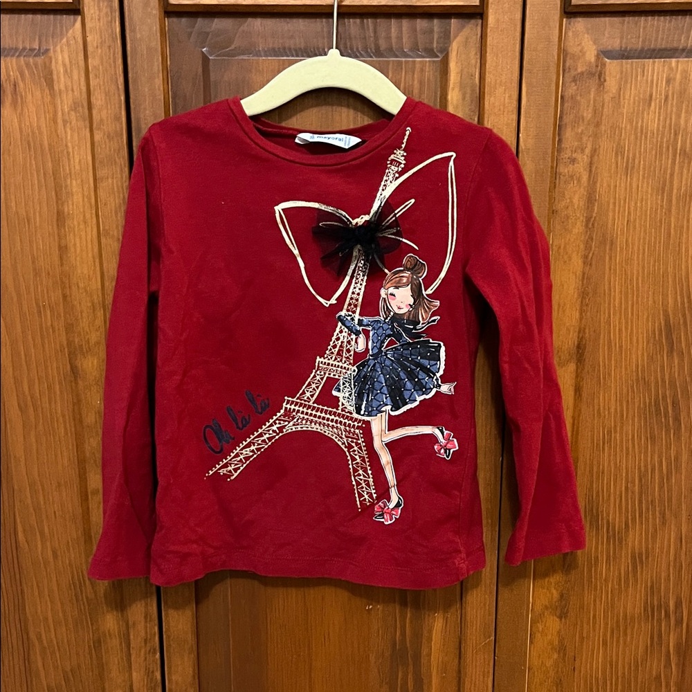Mayoral Red Long Sleeve Tee with Eiffel Tower and Bow Design
